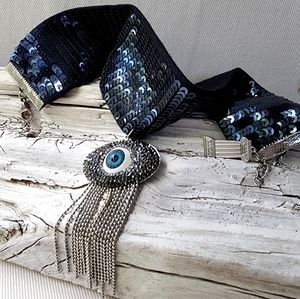 Blue Evil Eye Designer Necklace/Sequins Choker Silver plated Tassel